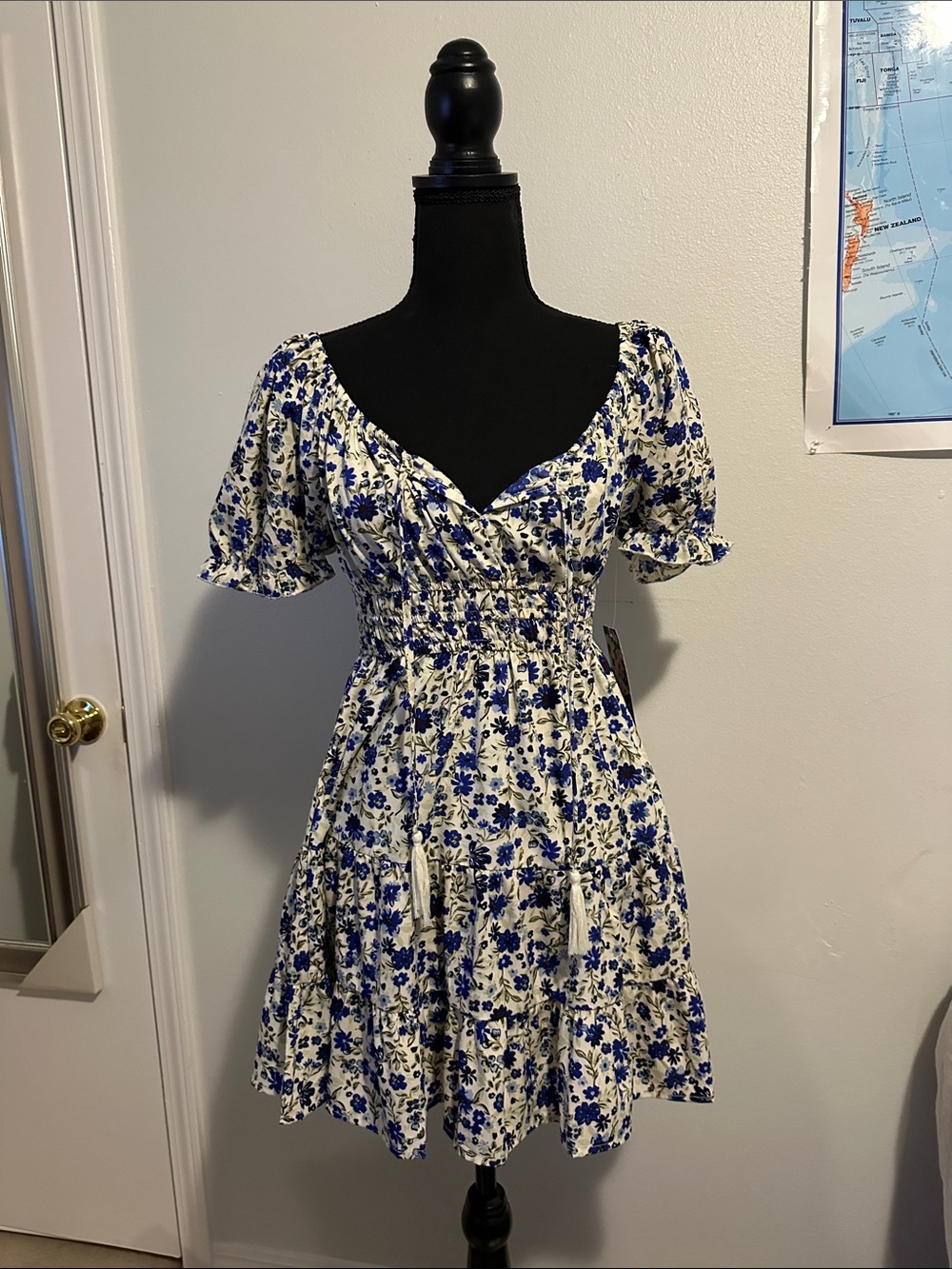 Blush White and Blue Floral Mini Dress